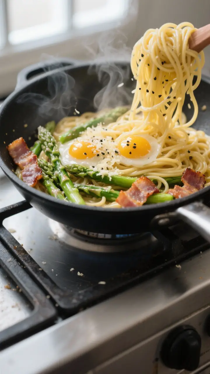 Cooking process, close-up detail: A shallow-depth-of-field shot of spaghetti being tossed in a large