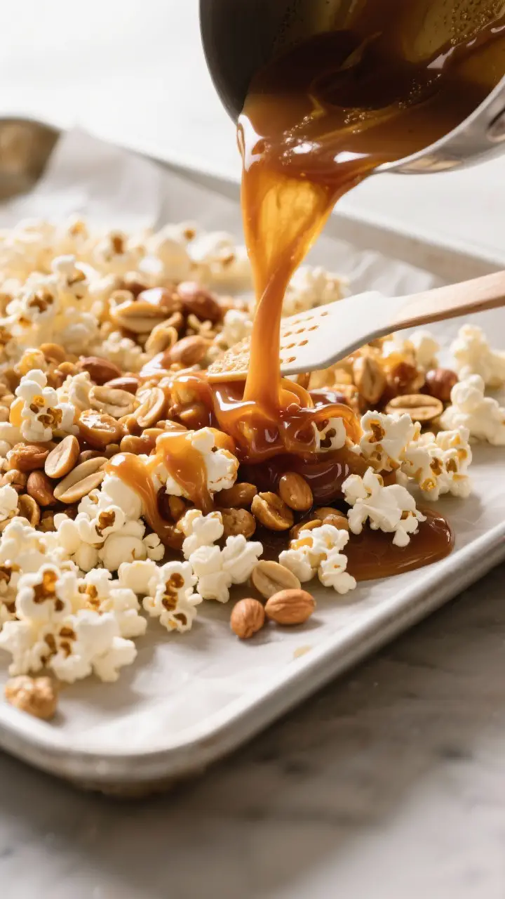 Cooking process, close-up detail: Caramel being poured over a pan of freshly popped, unseasoned popc