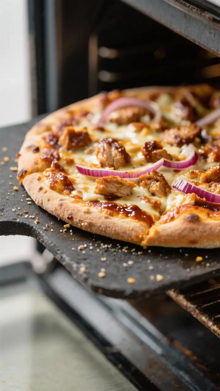 Cooking process, close-up detail: Close-up of a BBQ chicken pizza sliding onto a preheated pizza sto
