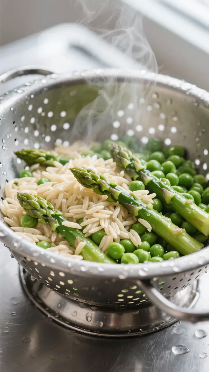 Cooking process, close-up detail: Close-up of al dente orzo, asparagus pieces, and peas just blanche