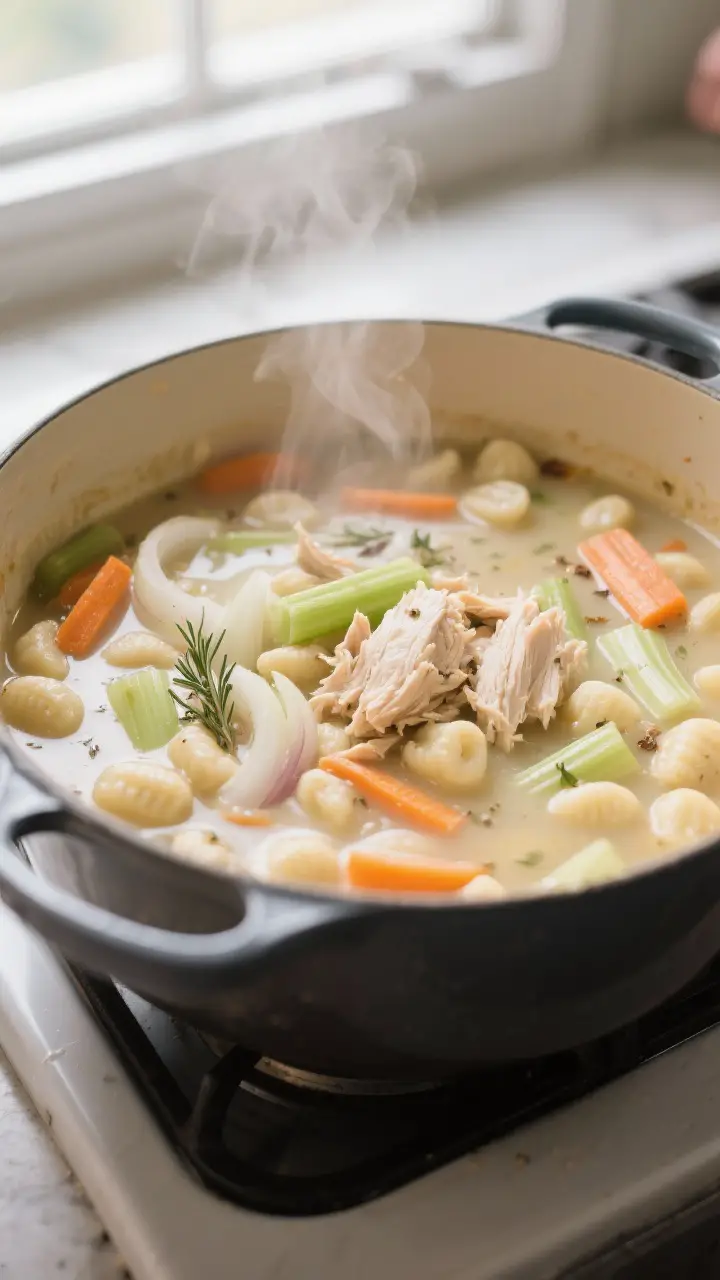 Cooking process, close-up detail: Close-up of Chicken and Gnocchi Soup base simmering in a Dutch ove