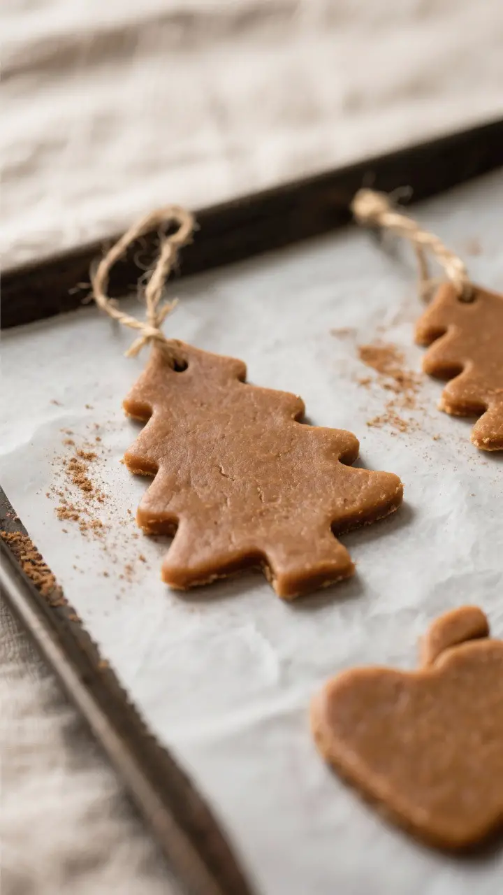 Cooking process, close-up detail: Close-up of cinnamon applesauce ornament dough freshly cut into st