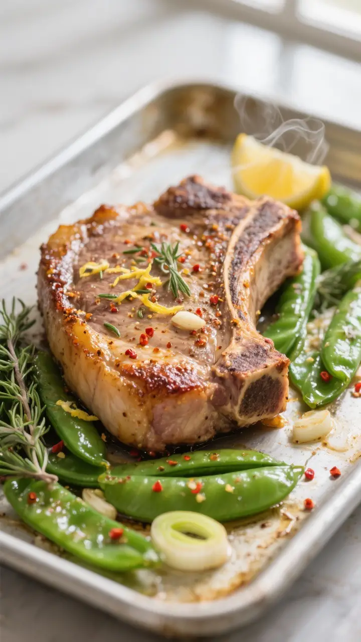 Cooking process, close-up detail: Close-up of golden-searing bone-in pork chops on a preheated sheet
