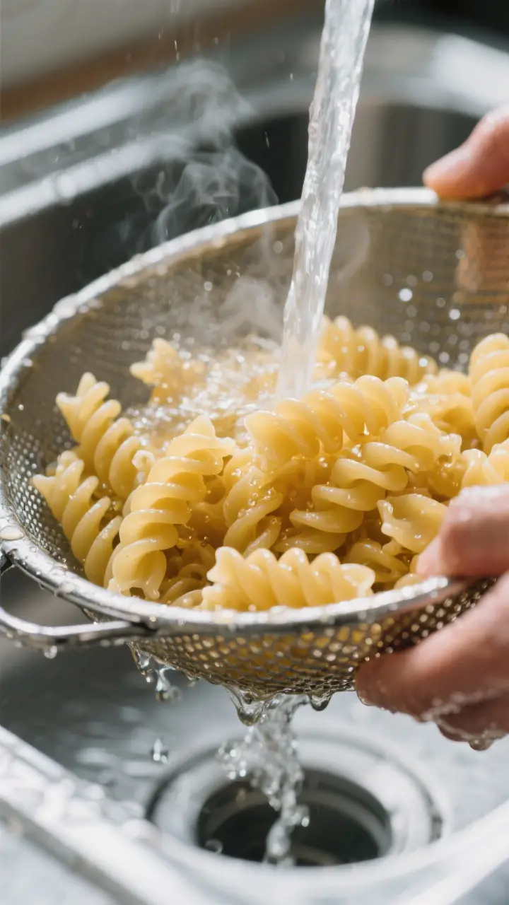 Cooking process, close-up detail: Close-up of just-cooked rotini being rinsed under cold water in a 