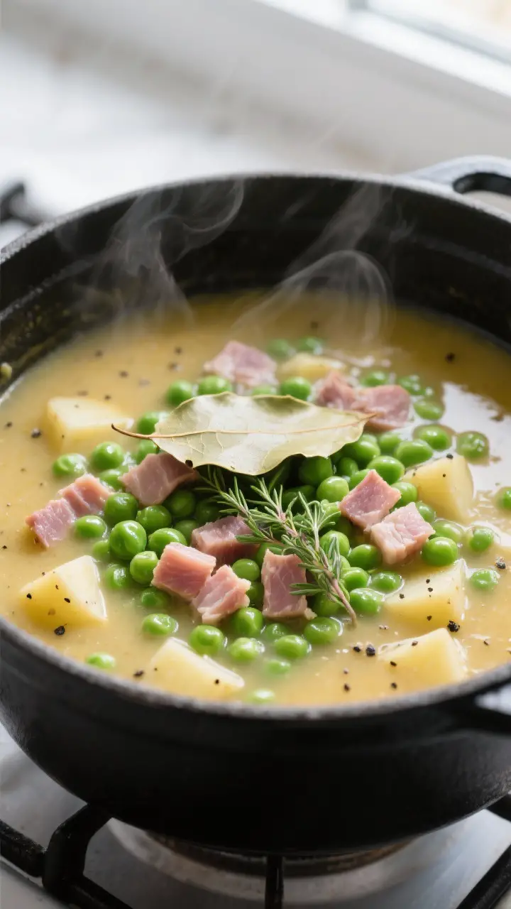 Cooking process, close-up detail: Close-up of spring pea and ham soup mid-simmer in a matte black Du