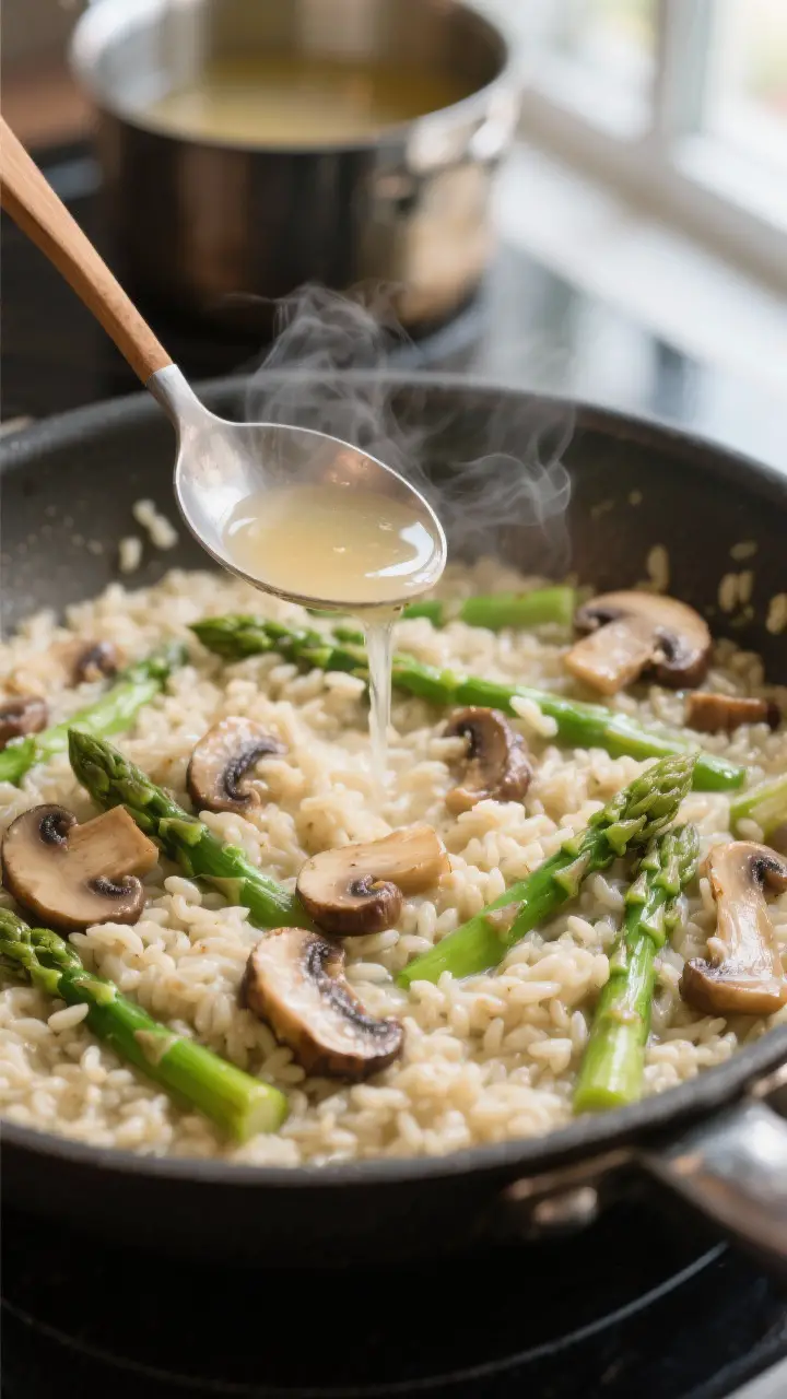 Cooking process, close-up detail: Creamy mushroom and asparagus risotto mid-cook in a wide, heavy sk