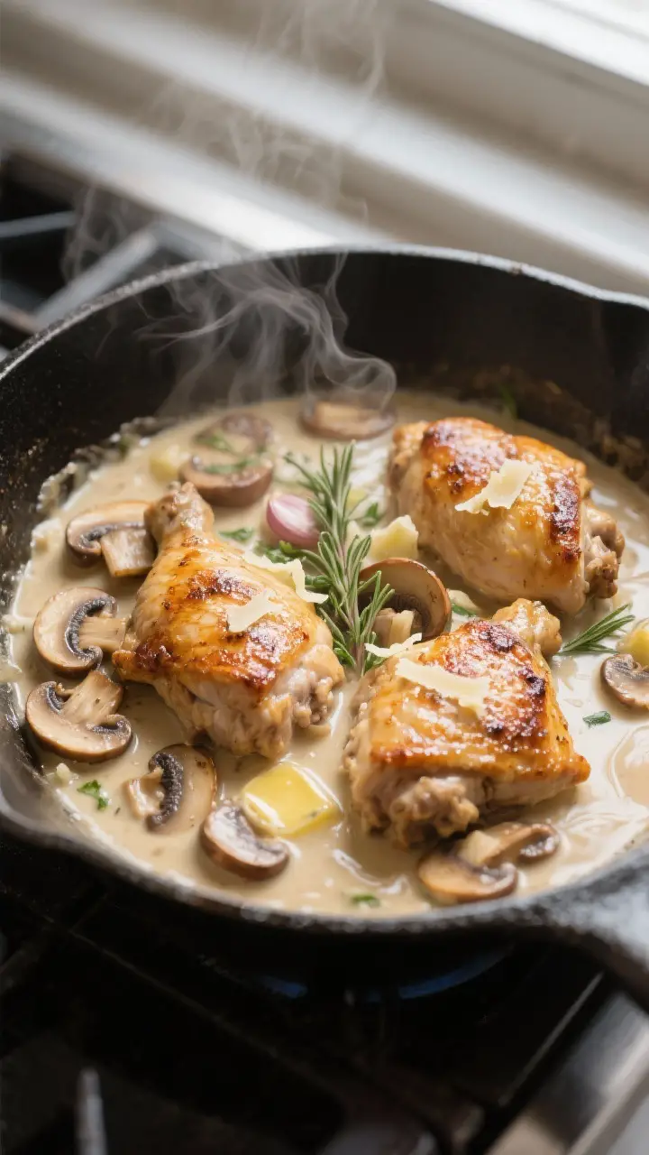 Cooking process, close-up detail: Golden-seared chicken thighs simmering in a large skillet of cream