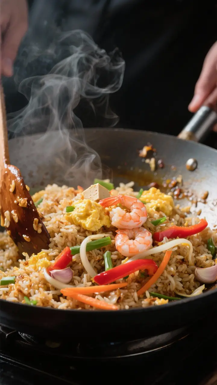 Cooking process, close-up detail: Pad Thai fried rice mid-stir in a seasoned wok, rice grains lightl