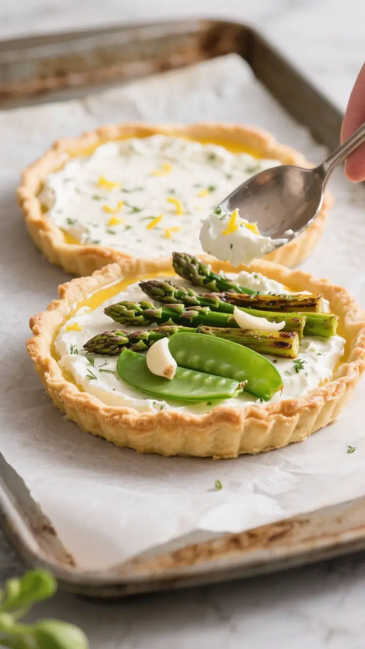 Cooking process, close-up detail: Par-baked puff pastry tart shell on a parchment-lined sheet pan, g
