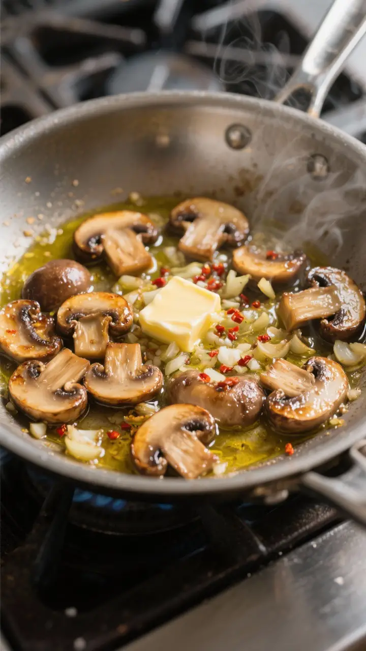 Cooking process, close-up detail: Sautéed cremini mushrooms browning in a large stainless skillet w
