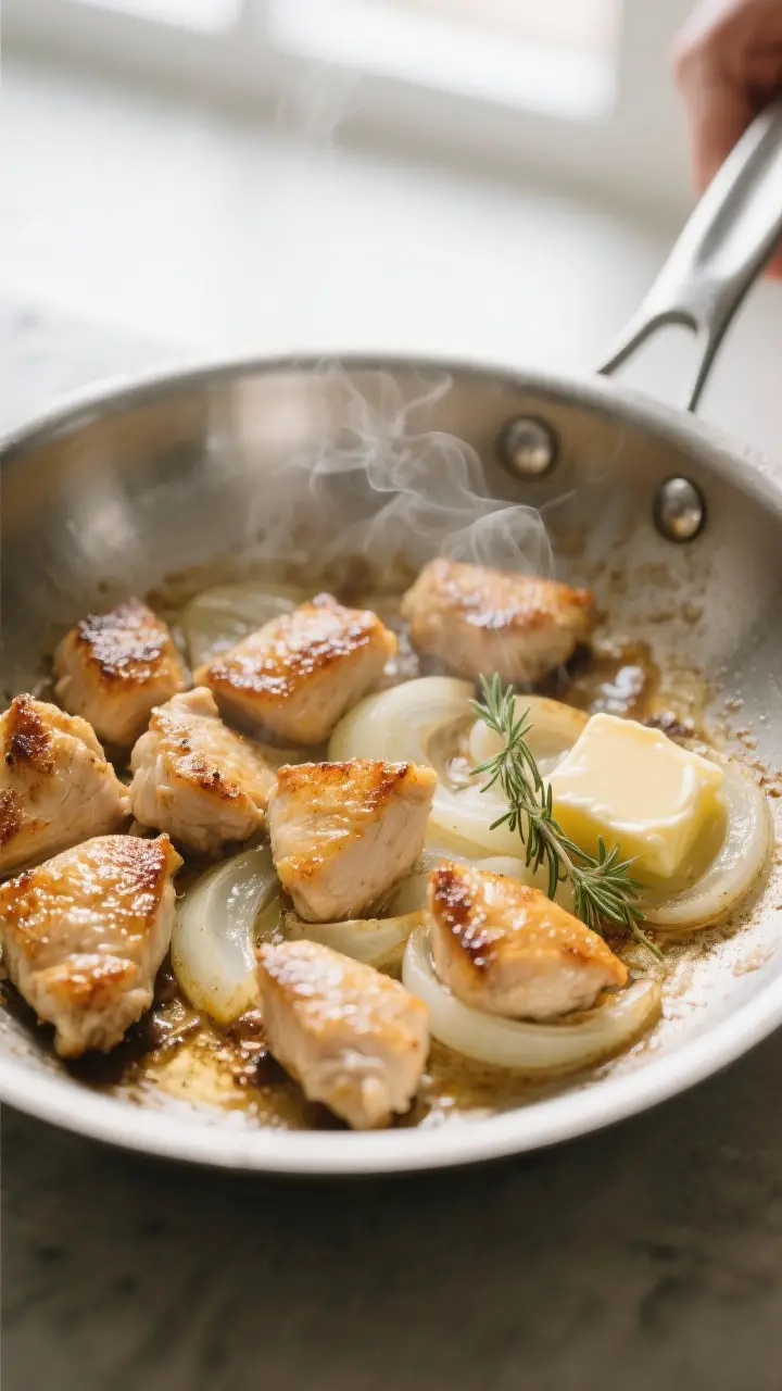 Cooking process, close-up detail: Searing bite-size chicken pieces in a stainless-steel skillet, gol