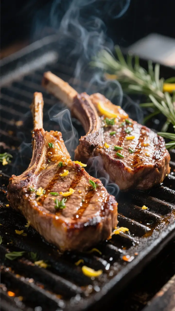 Cooking process, close-up detail: Searing lemon-herb marinated lamb chops on a hot grill at medium-h