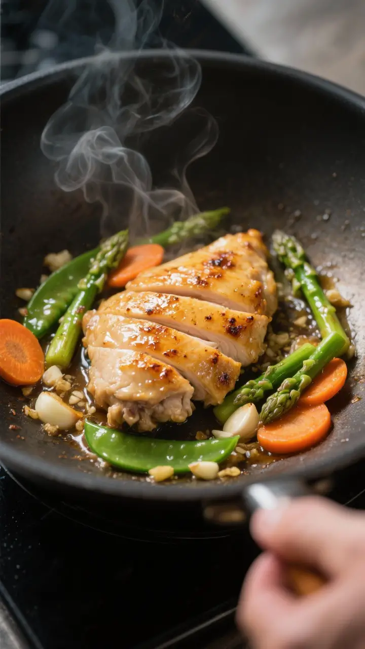 Cooking process, close-up detail: Searing sliced chicken thighs in a scorching-hot wok, golden caram