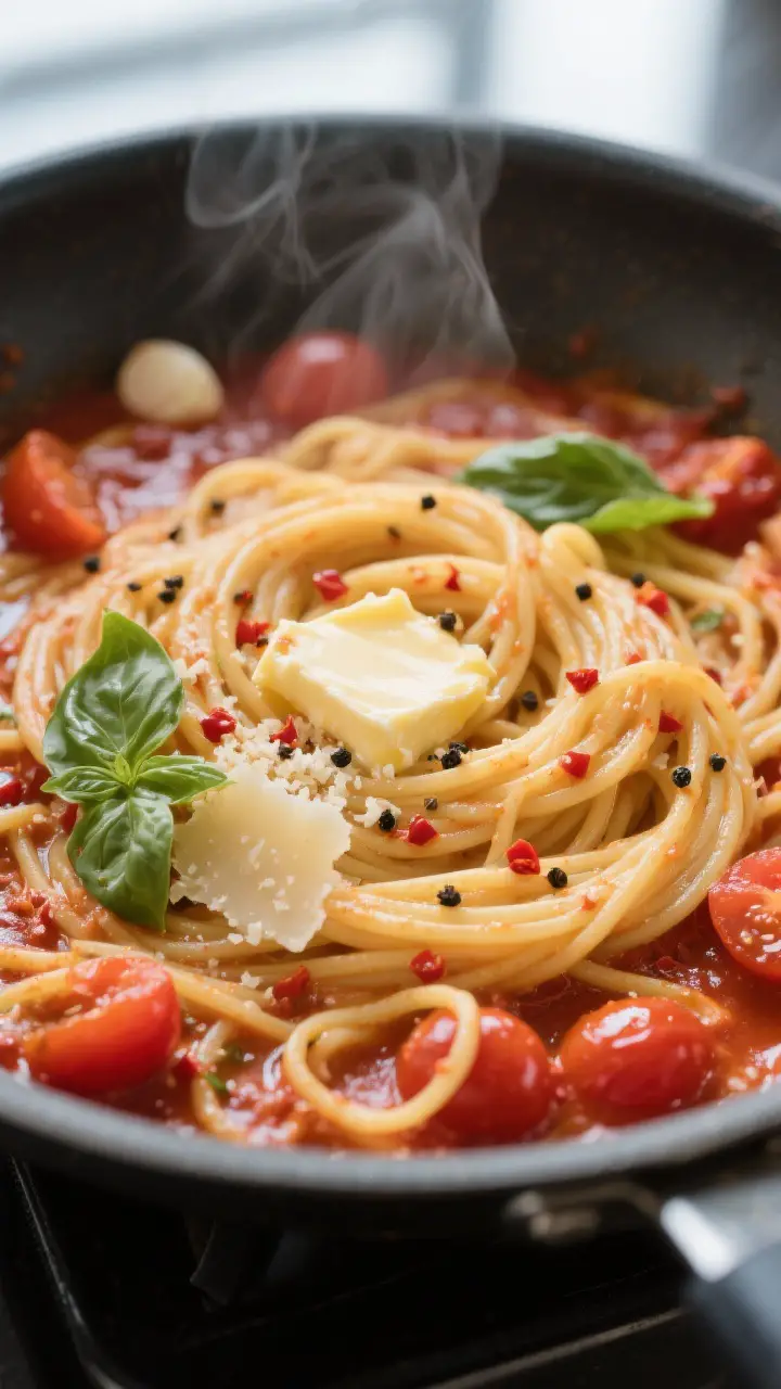 Cooking process, close-up detail: Shallow-depth close-up of spaghetti being swirled in a wide skille