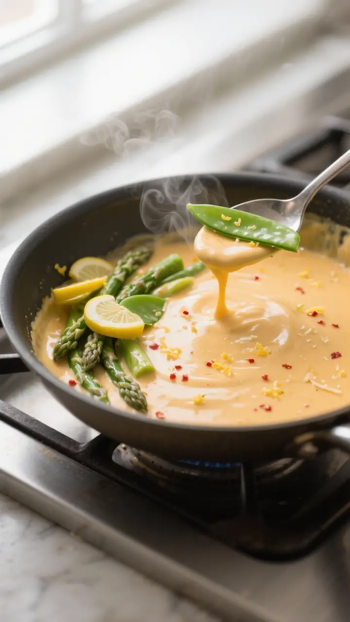 Cooking process, close-up detail: Silky cheddar-Parmesan cheese sauce being whisked in a wide stainl