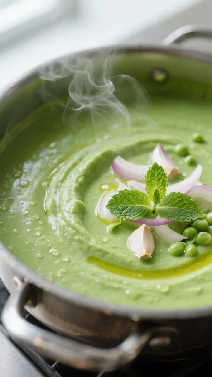Cooking process, close-up detail: Silky spring pea soup mid-blend in a pot, vibrant bright-green pur