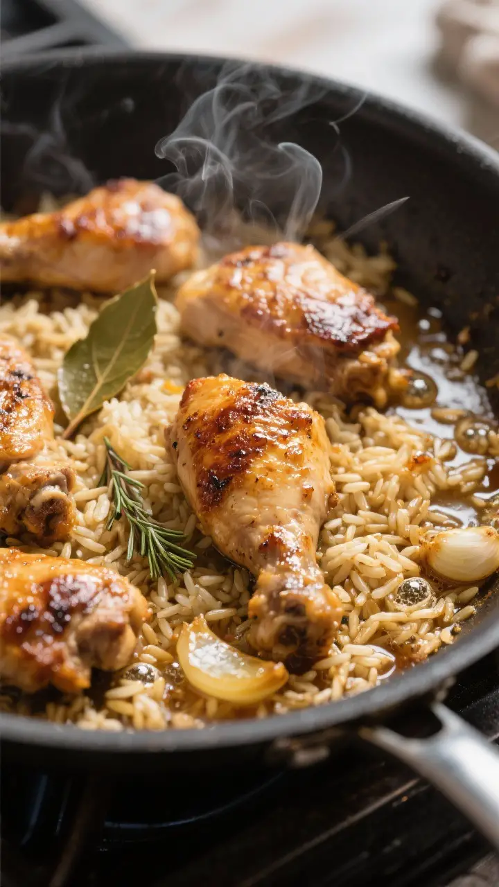 Cooking process, close-up detail: Sizzling browned chicken thigh chunks nestled into toasted long-gr