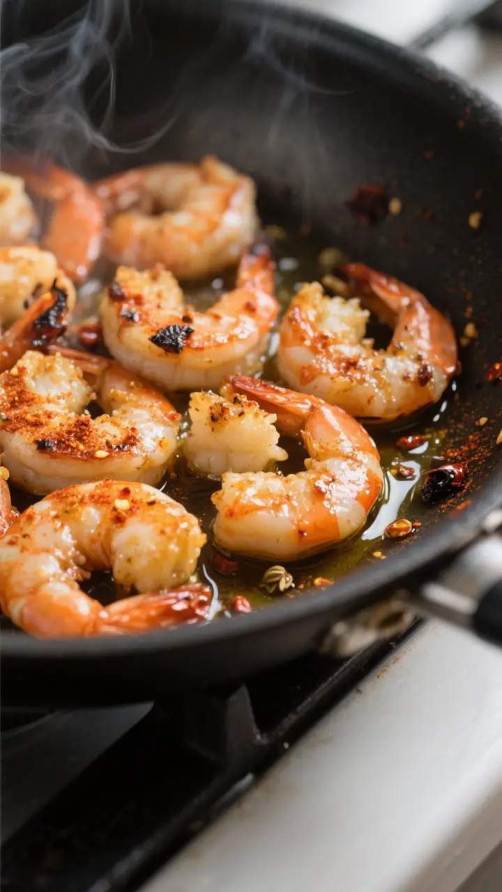 Cooking process, close-up detail: Sizzling chili-spiced shrimp in a hot skillet, edges lightly brown
