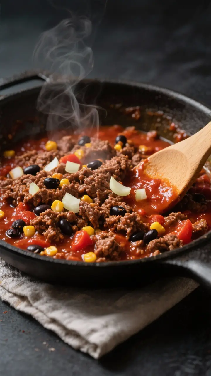 Cooking process, close-up detail: Sizzling skillet of browned ground beef simmered with tomato sauce
