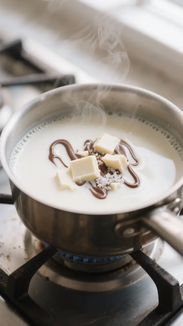 Cooking process, close-up detail: Steaming saucepan of white hot chocolate mid-melt, silky liquid wi
