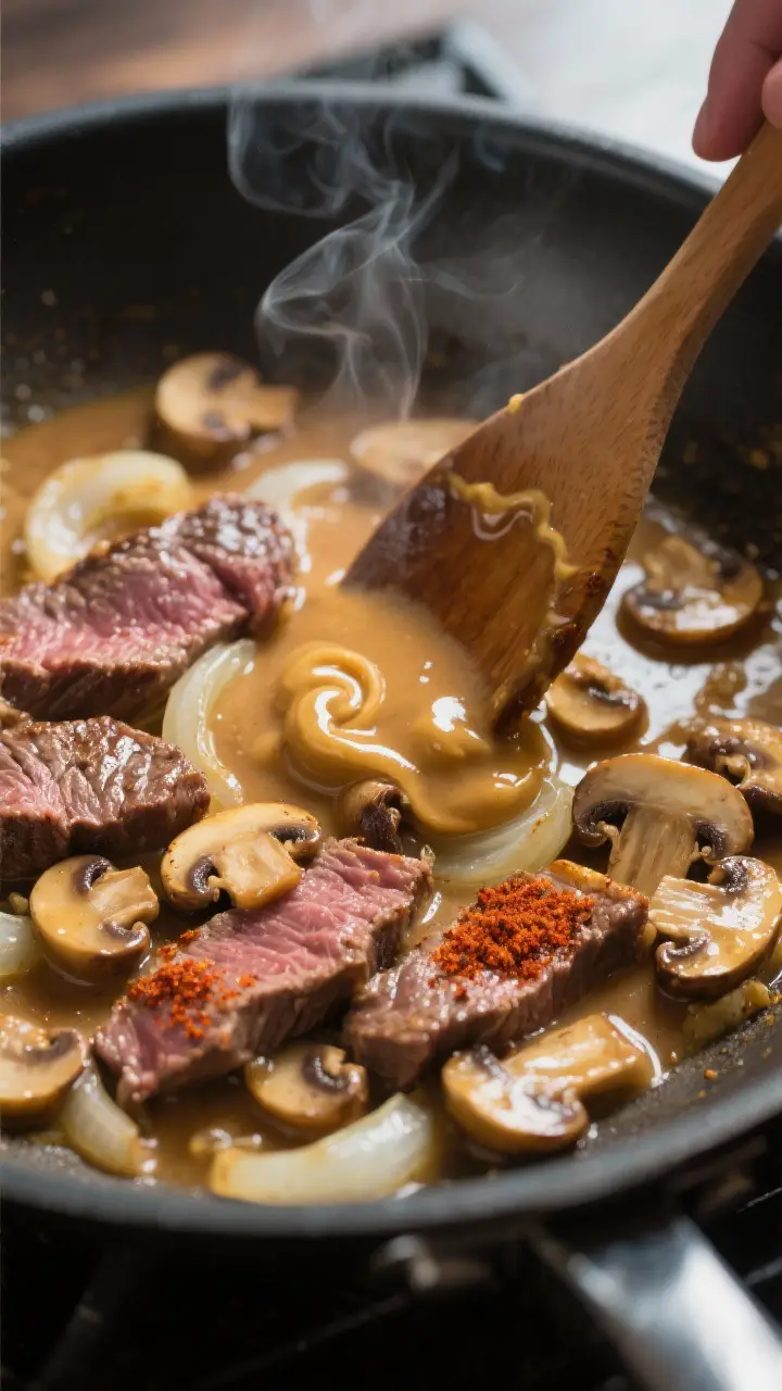 Cooking process, close-up detail: Thinly sliced seared lean beef and golden-brown mushrooms in a wid