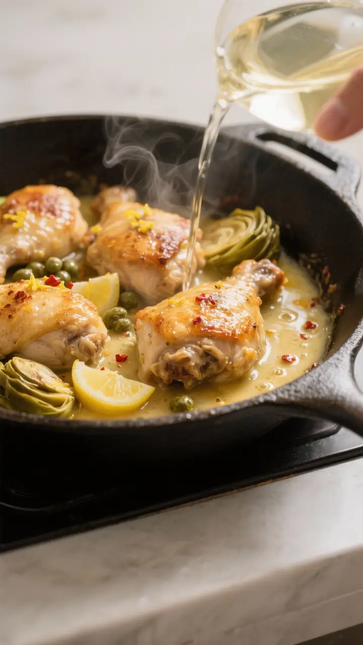 Cooking process, close-up: Golden-browned chicken thighs nestled in a skillet as glossy lemon-butter