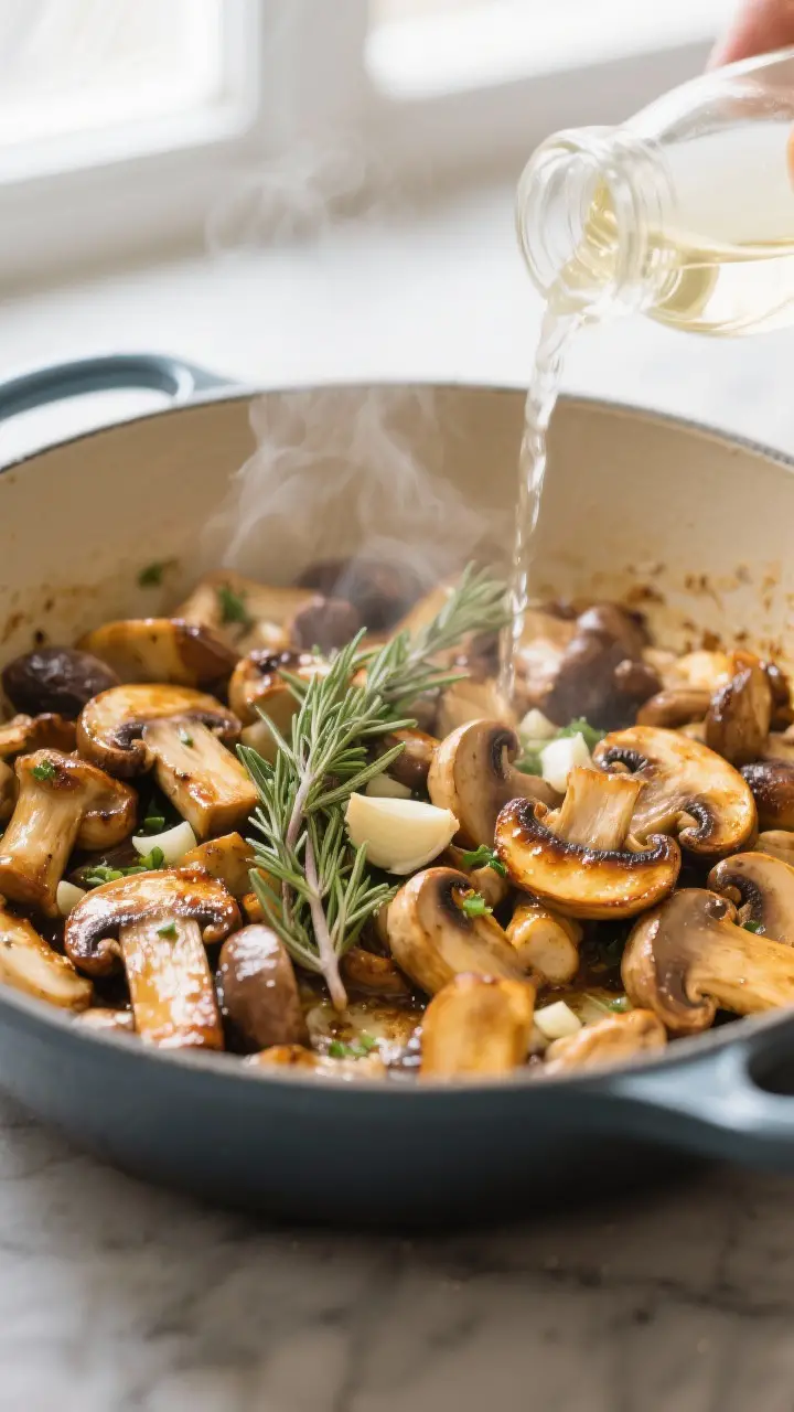 Cooking process close-up: Golden-browned mixed mushrooms sizzling in a wide Dutch oven during the br