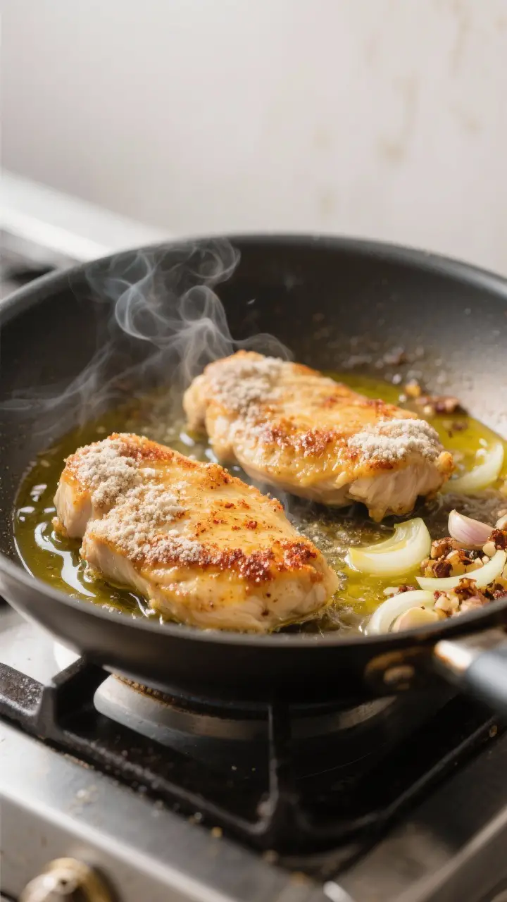 Cooking process, close-up: Golden chicken cutlets sizzling in a large skillet with melted butter and