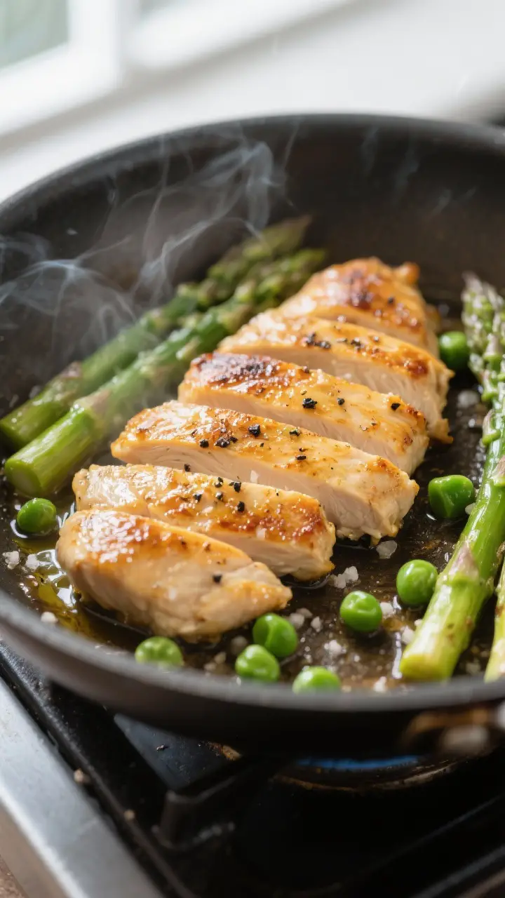 Cooking process, close-up: Golden seared chicken cutlets sliced into bite-size pieces sizzling in a