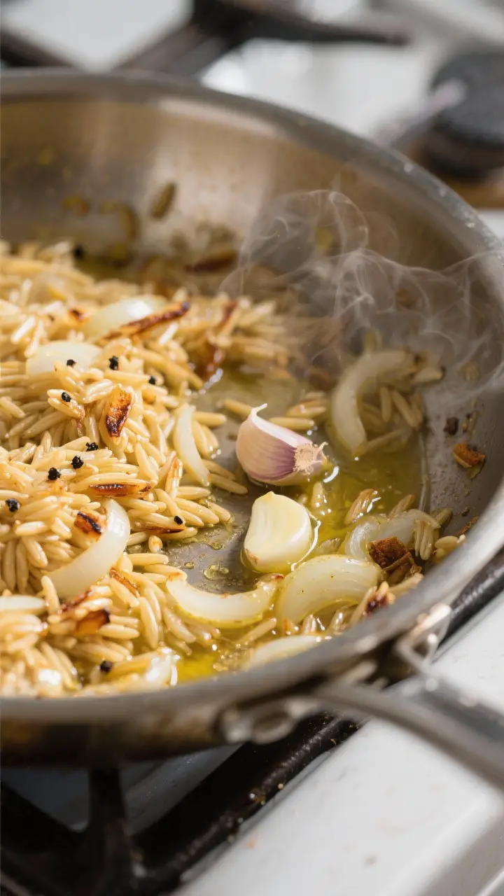 Cooking process close-up: Golden-toasted orzo and translucent onion sautéing in butter in a heavy-b