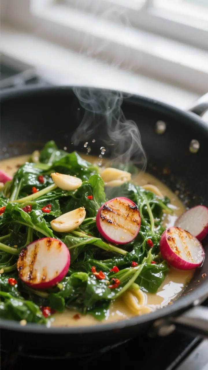Cooking process close-up: In a wide skillet, glistening wilted radish greens tossed with sliced gold