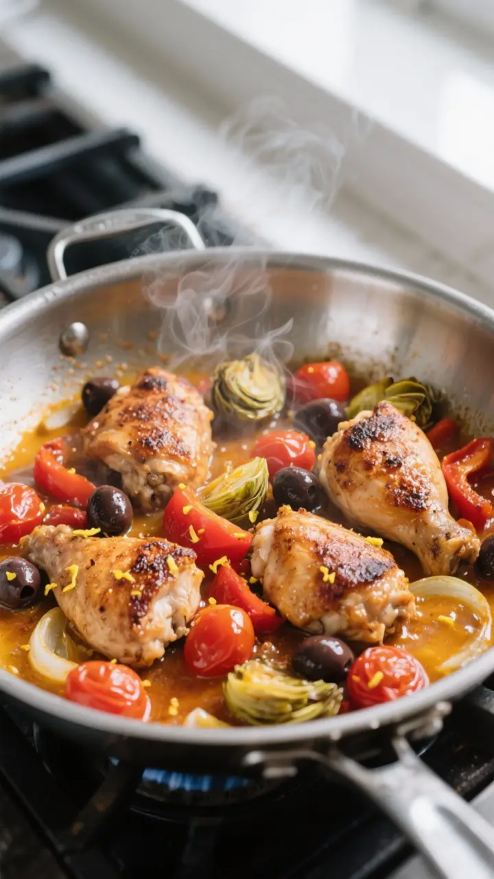 Cooking process, close-up: Juicy, browned chicken pieces sizzling in a wide stainless-steel skillet