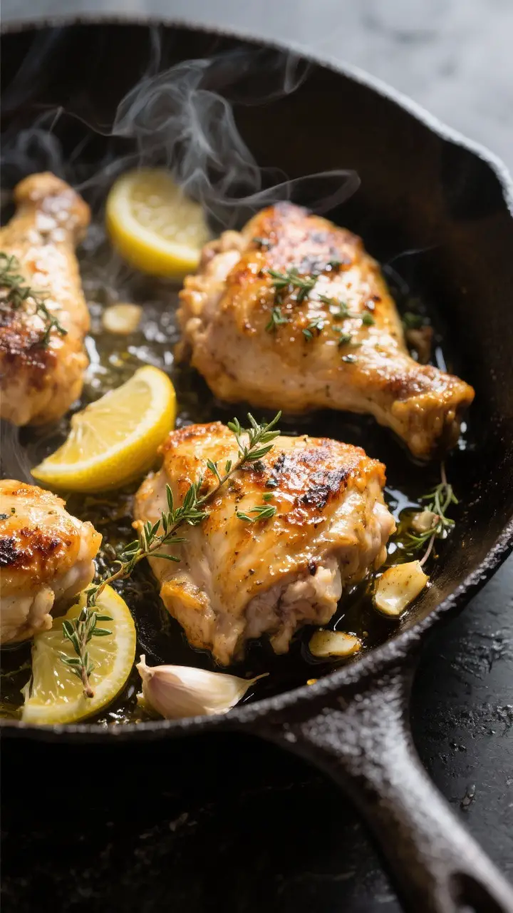 Cooking process close-up: Juicy Greek-marinated chicken thighs sizzling in a cast-iron skillet, gold