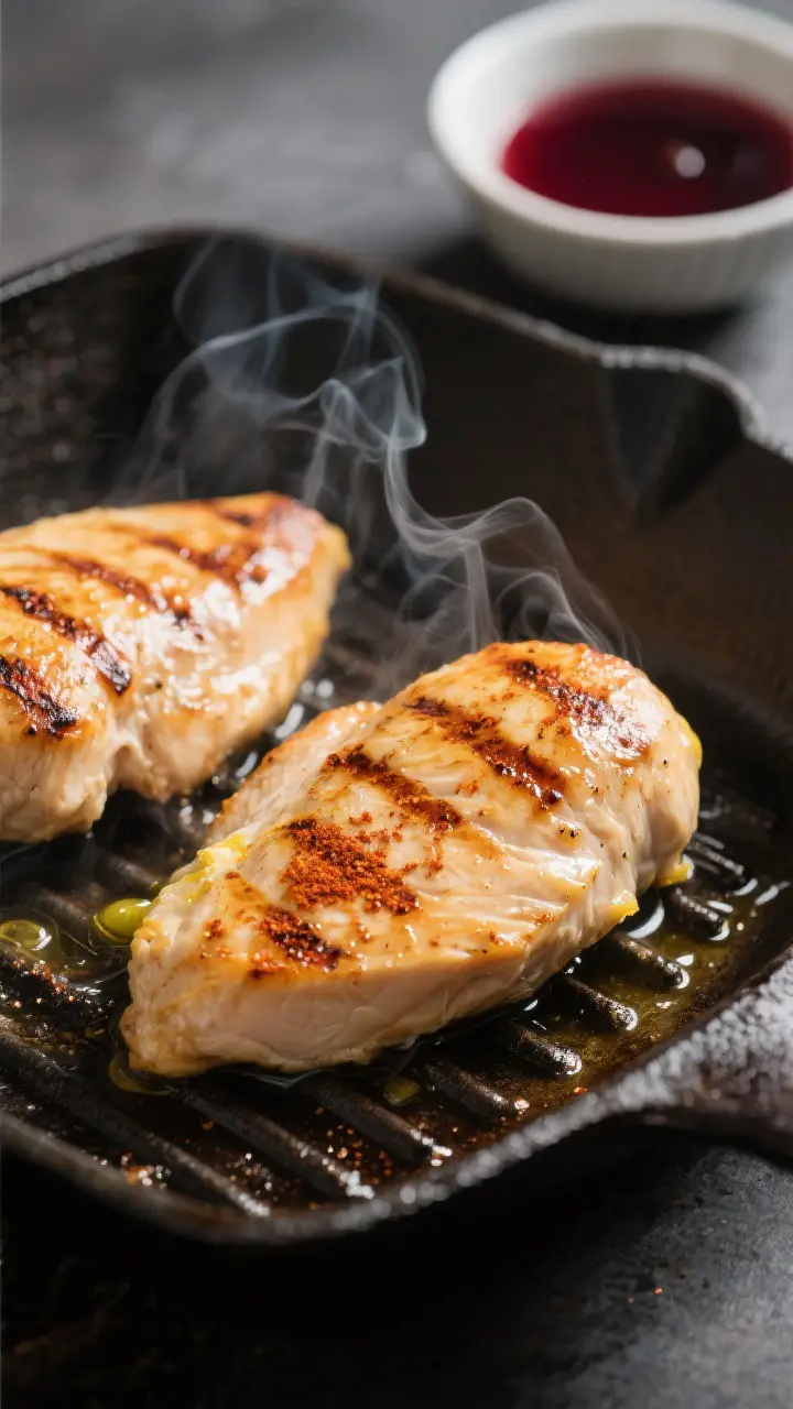 Cooking process close-up: Juicy grilled chicken breasts on a hot cast-iron grill pan, mid-cook with 
