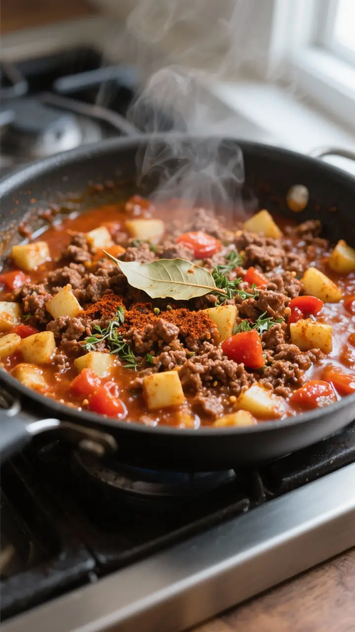 Cooking process close-up: Juicy picadillo simmering in a wide skillet, showing browned ground beef, 