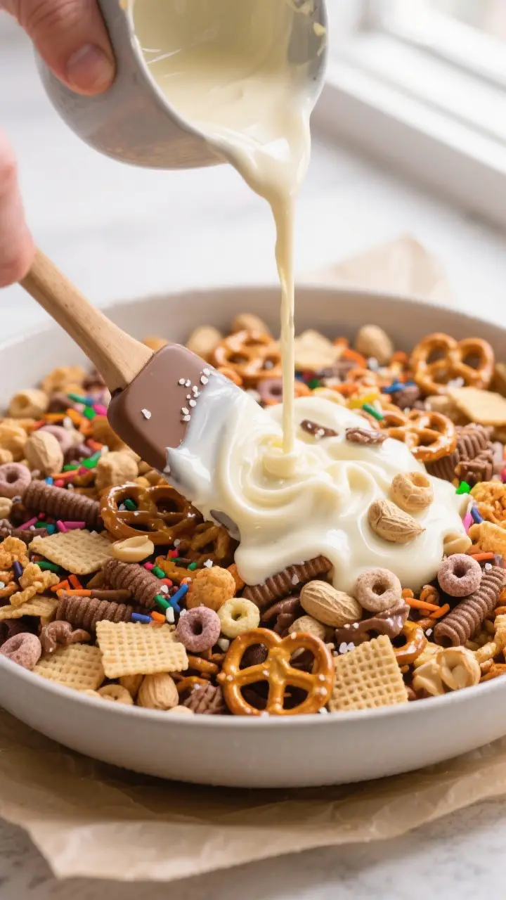 Cooking process close-up: Melted white chocolate being poured in glossy ribbons over a giant bowl of