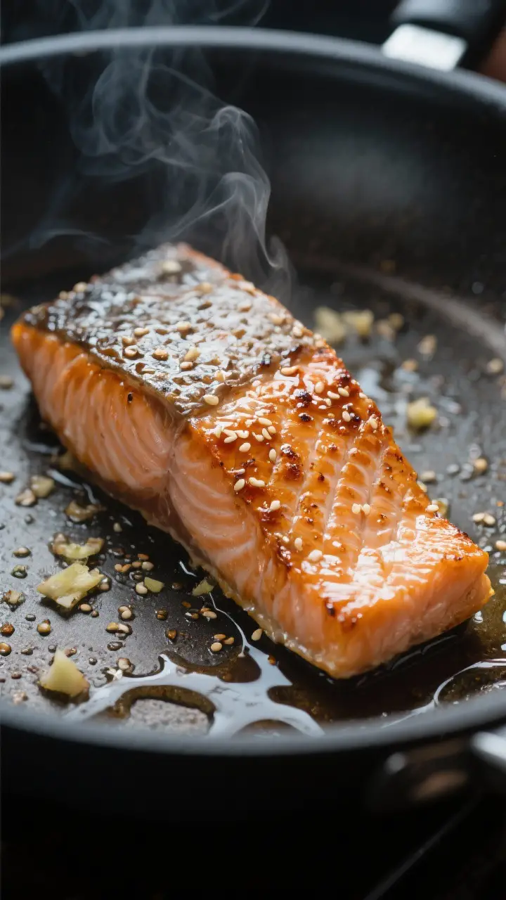Cooking process close-up: Pan-seared salmon skin-side down in a nonstick skillet, skin crisping and 