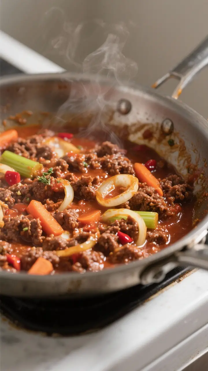 Cooking process close-up: Rich Beef Bolognese Sloppy Joe filling sizzling in a wide stainless skille