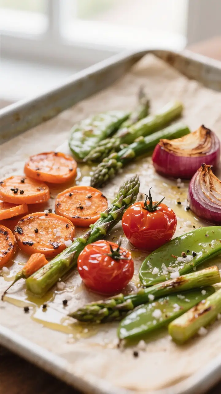 Cooking process close-up: Roasted spring vegetables on a parchment-lined sheet pan at 425°F — car
