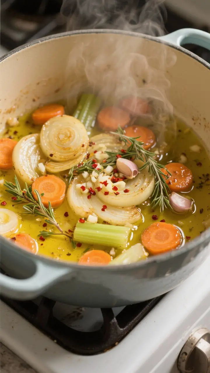 Cooking process, close-up: Sautéed aromatics and herbs in a Dutch oven, showing softened golden oni