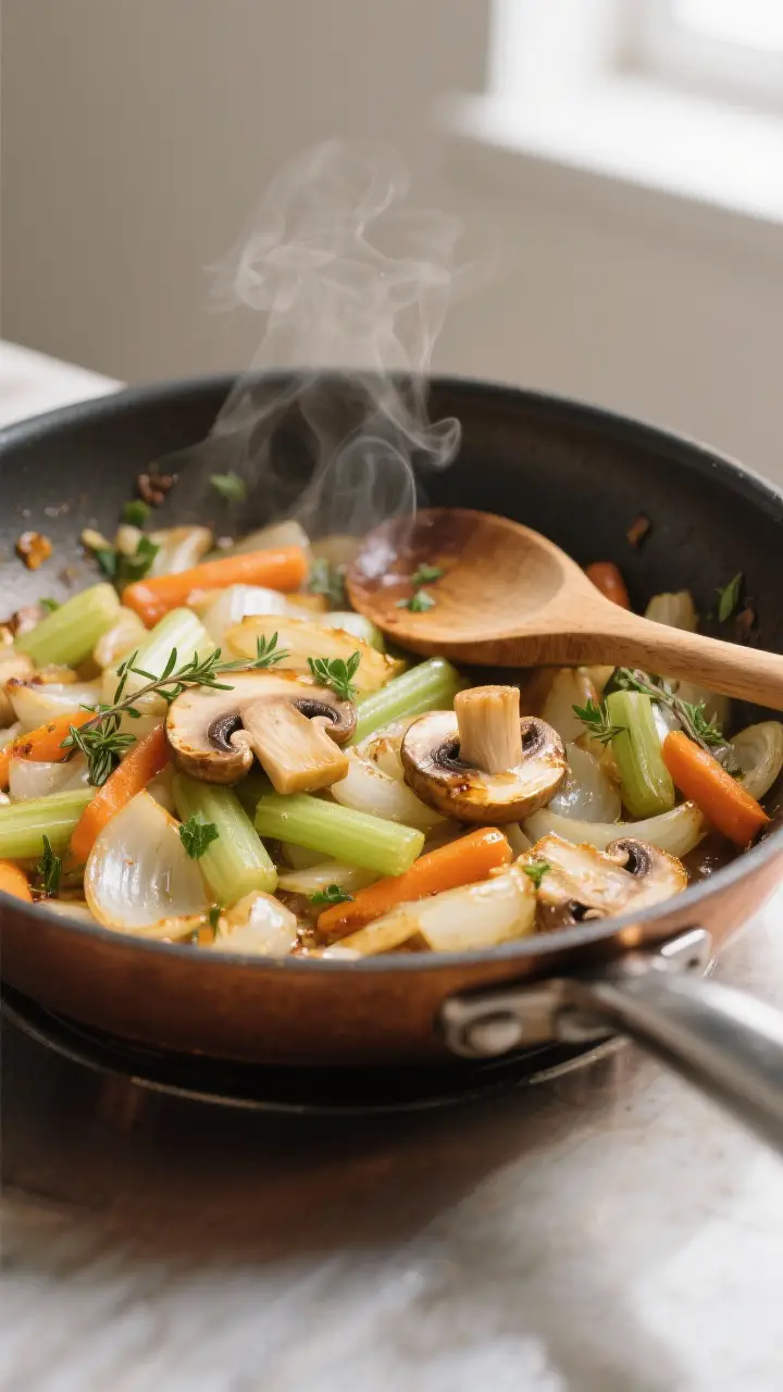 Cooking process close-up: Sautéed onion, celery, and carrot mixture in a stainless skillet with bro