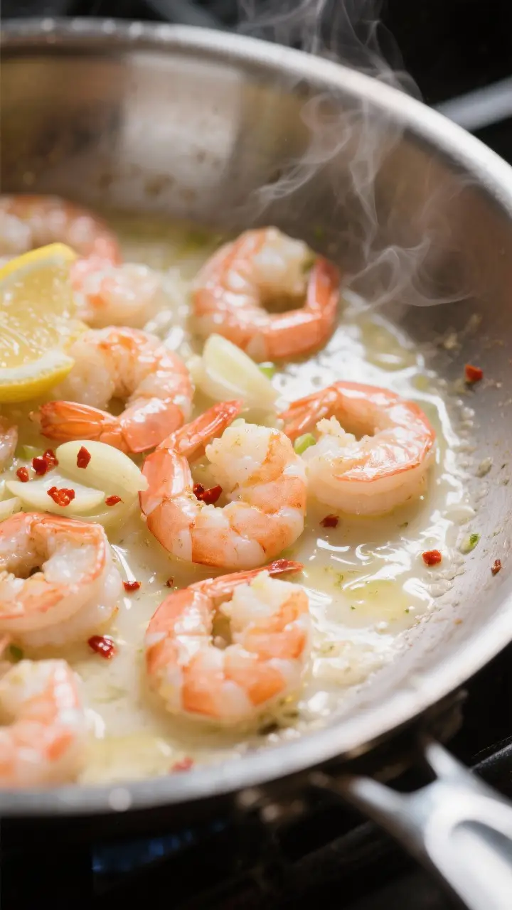 Cooking process, close-up: Sautéed shrimp scampi mid-cook in a glossy lemon-butter and white wine s