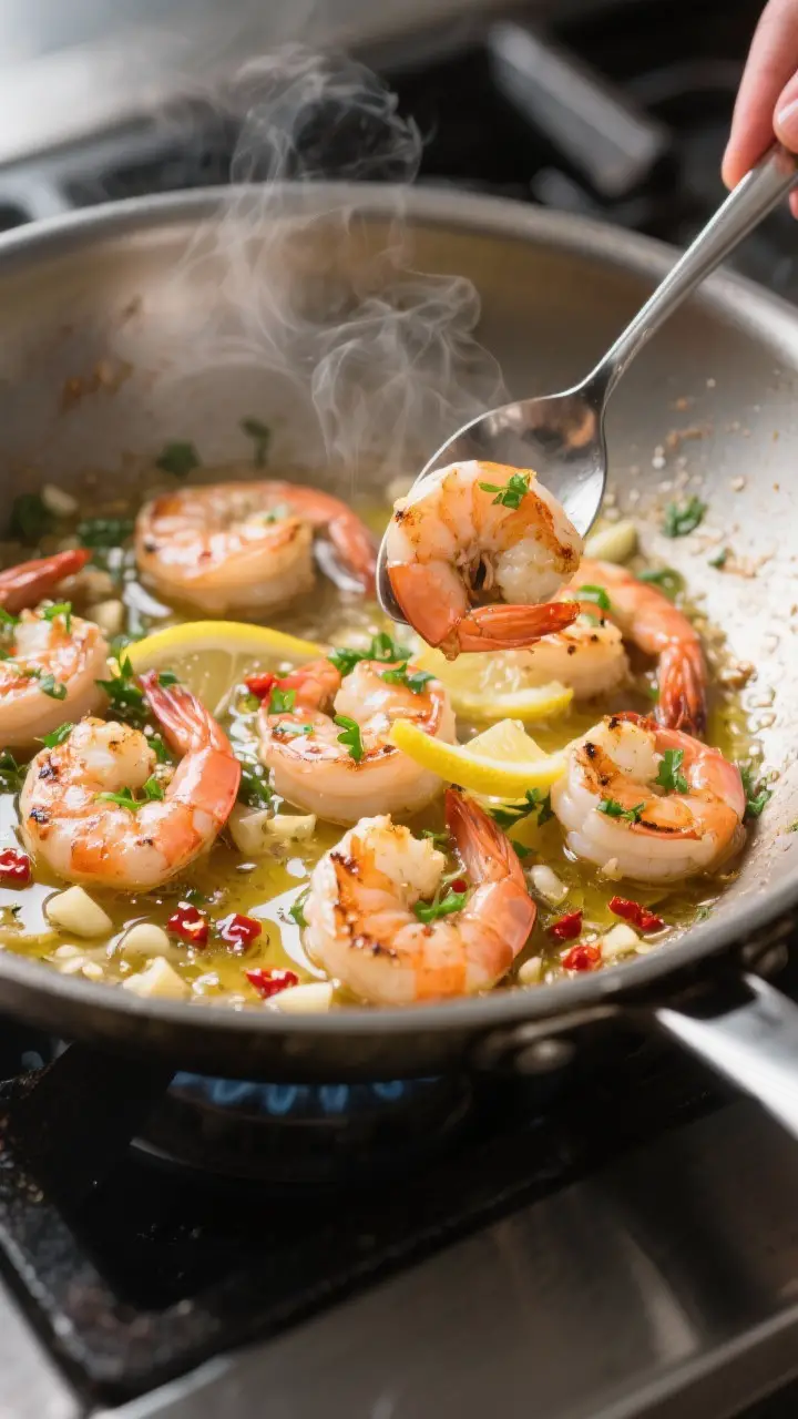 Cooking process close-up: Searing lemon-garlic shrimp in a large stainless skillet, shrimp just turn