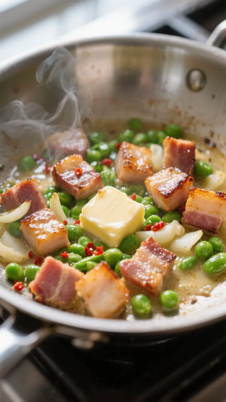 Cooking process, close-up: Shallow-depth-of-field close-up of sizzling pancetta cubes turning golden