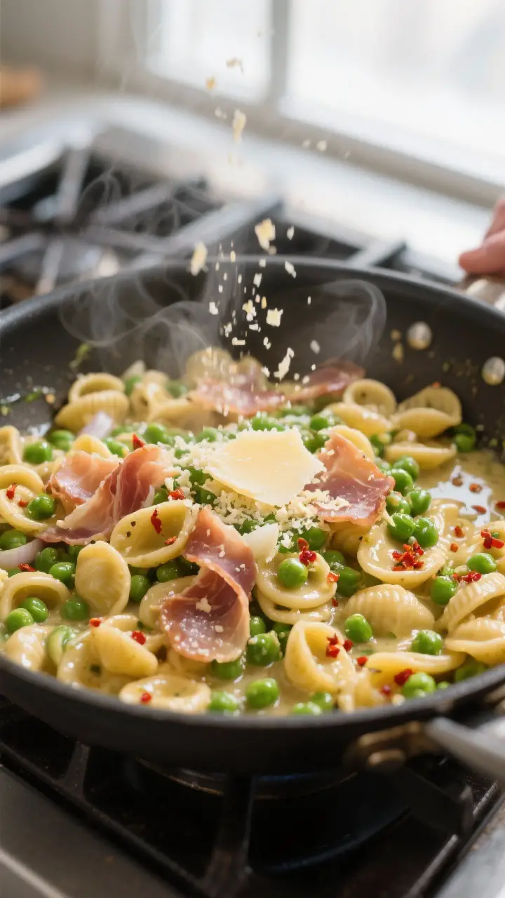Cooking process close-up: Silky pea and prosciutto pasta coming together in a large skillet, pasta b