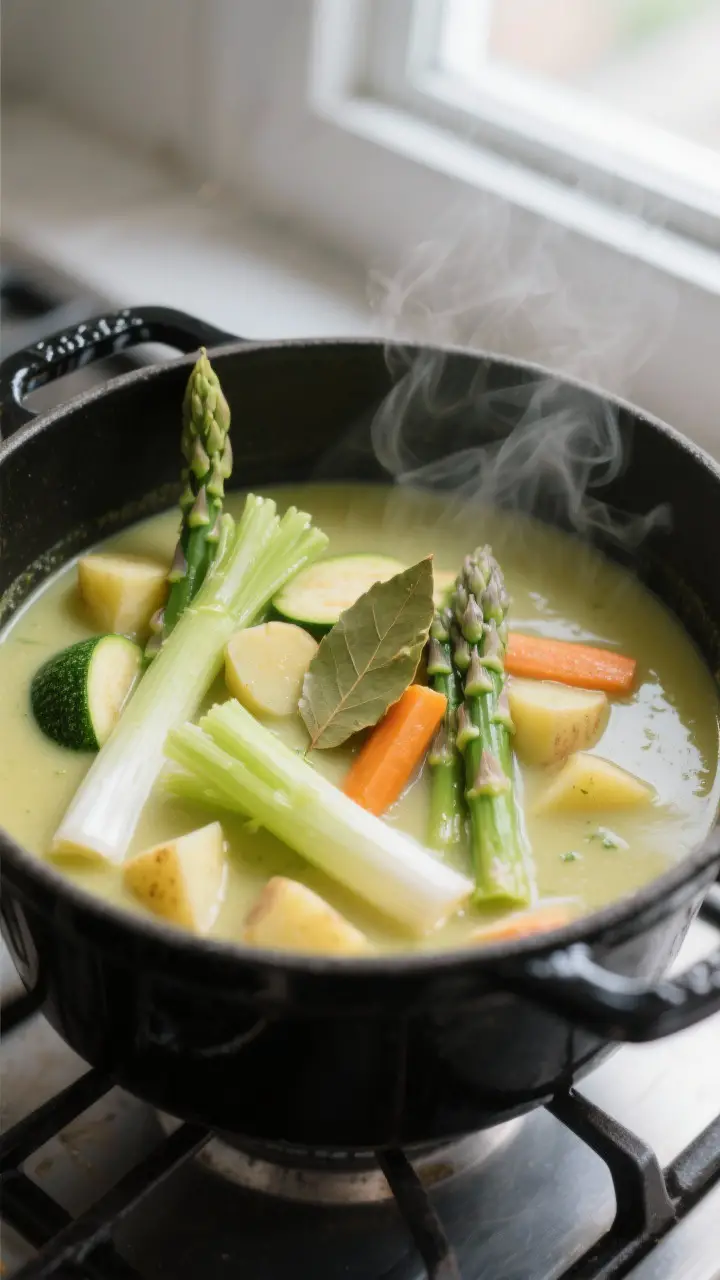 Cooking process, close-up: Silky spring vegetable bisque mid-cook in a matte black Dutch oven, showi