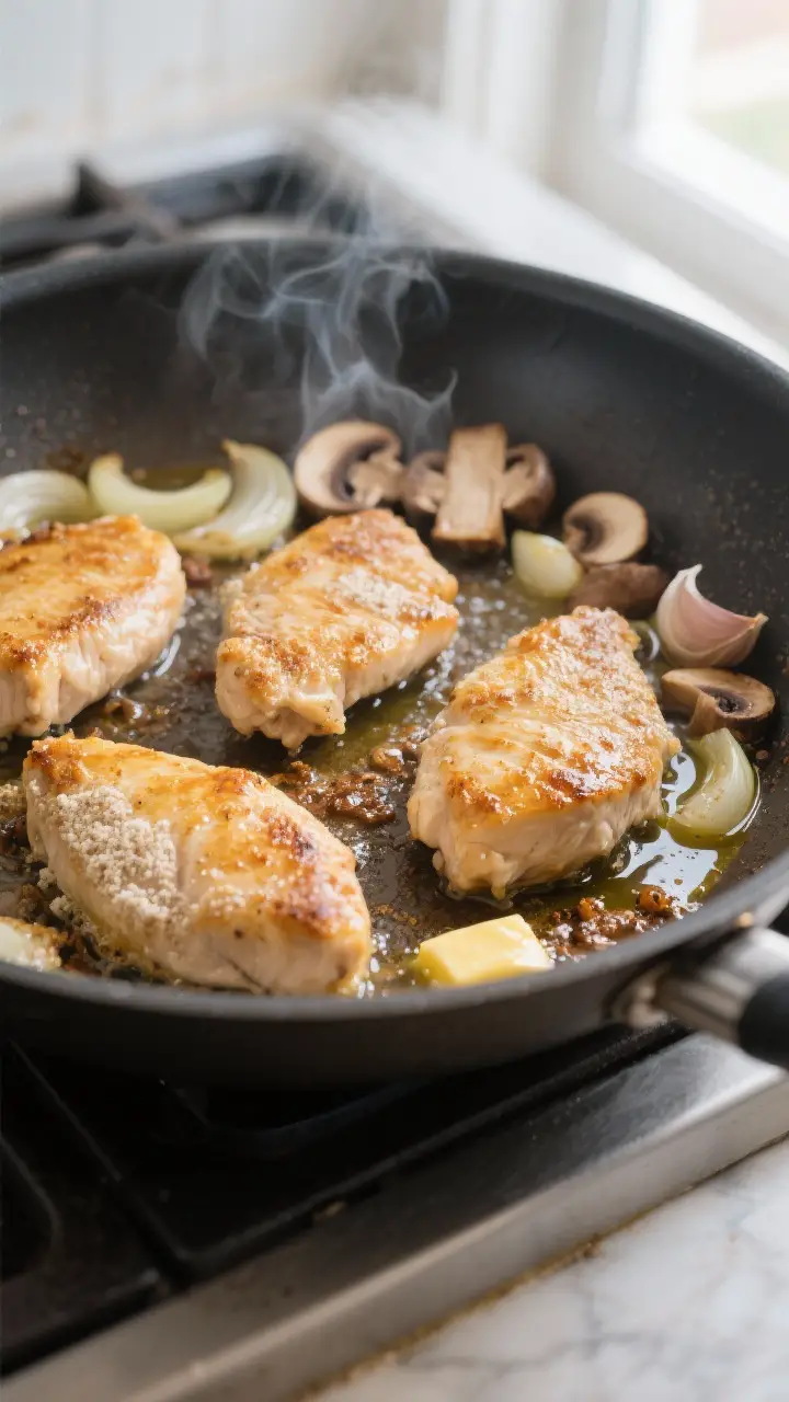 Cooking process, close-up: Sizzling chicken cutlets in a large skillet, golden-brown from a light fl