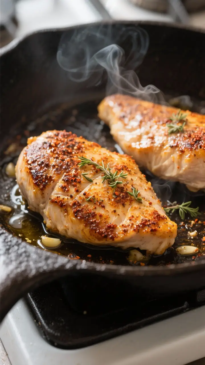 Cooking process close-up: Sizzling, golden-seared chicken breasts in a cast-iron skillet, coated wit