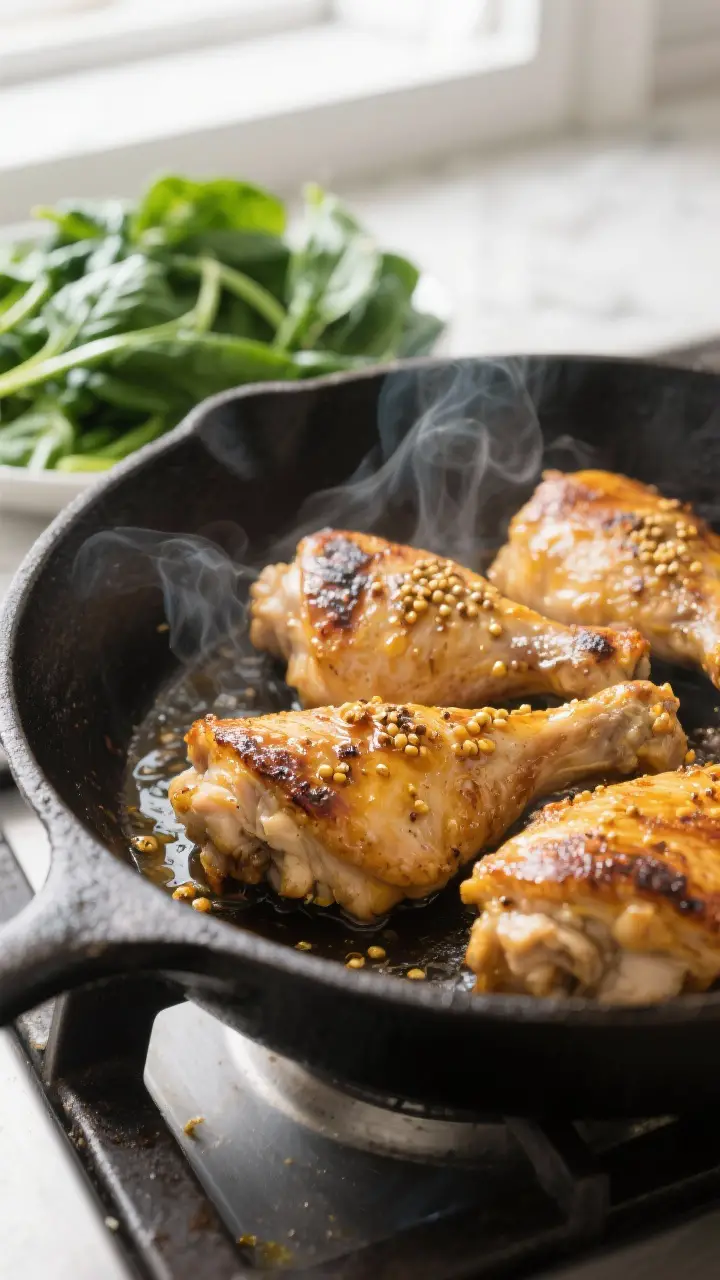 Cooking process close-up: Sizzling honey mustard–marinated chicken thighs searing in a cast-iron s