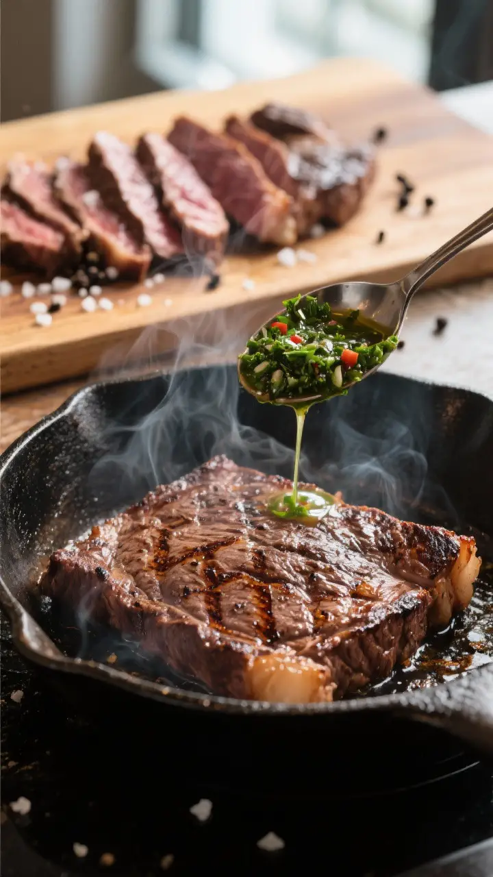 Cooking process close-up: Sizzling skirt steak in a cast-iron skillet at high heat, deep brown crust